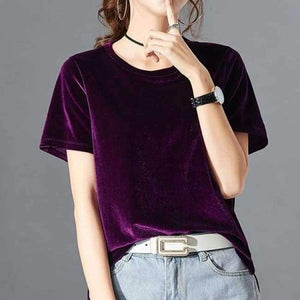Planet Gates Violet / XL Women T Shirt Short Sleeve Crushed Velvet Summer Womens Tops And T Shirts O-Neck Woman Tee Shirt Femme Manche Courte