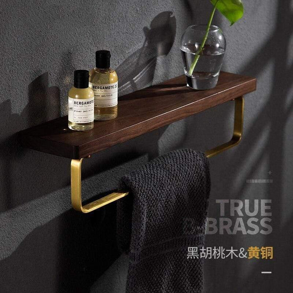 Planet Gates Walnut Wood Bathroom Hardware Set Creative Towel Ring Cosmetics Mirror Front Shelf Wall Mounted Brass Shaver Rack