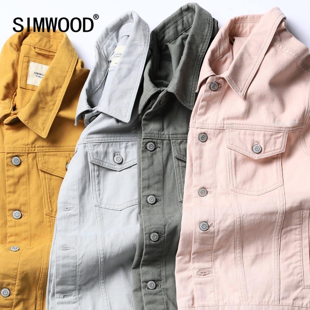 Planet Gates warm yellow / S Denim Jacket Men Fashion 100% Cotton Trucker Jackets Slim Fit Embroidery Chest Pocket 4 Colors