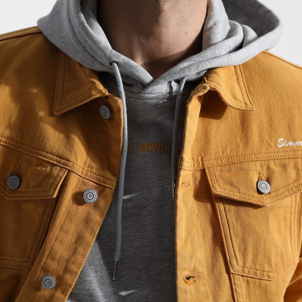 Planet Gates warm yellow / S Denim Jacket Men Fashion 100% Cotton Trucker Jackets Slim Fit Embroidery Chest Pocket 4 Colors