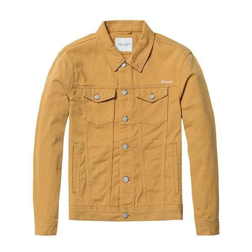Planet Gates warm yellow / S Denim Jacket Men Fashion 100% Cotton Trucker Jackets Slim Fit Embroidery Chest Pocket 4 Colors