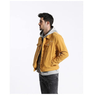 Planet Gates warm yellow / S Denim Jacket Men Fashion 100% Cotton Trucker Jackets Slim Fit Embroidery Chest Pocket 4 Colors