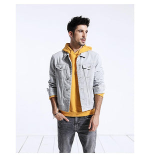 Planet Gates warm yellow / S Denim Jacket Men Fashion 100% Cotton Trucker Jackets Slim Fit Embroidery Chest Pocket 4 Colors