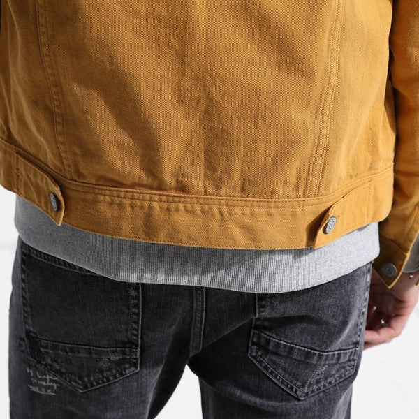 Planet Gates warm yellow / S Denim Jacket Men Fashion 100% Cotton Trucker Jackets Slim Fit Embroidery Chest Pocket 4 Colors