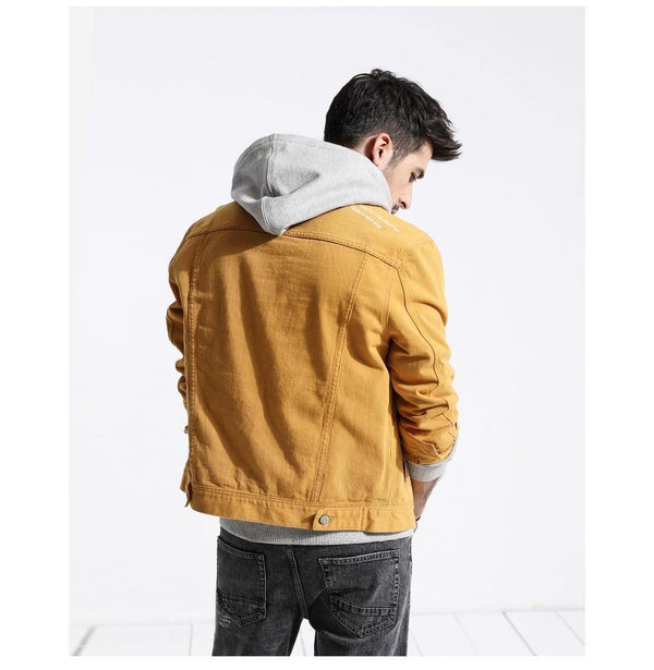 Planet Gates warm yellow / S Denim Jacket Men Fashion 100% Cotton Trucker Jackets Slim Fit Embroidery Chest Pocket 4 Colors