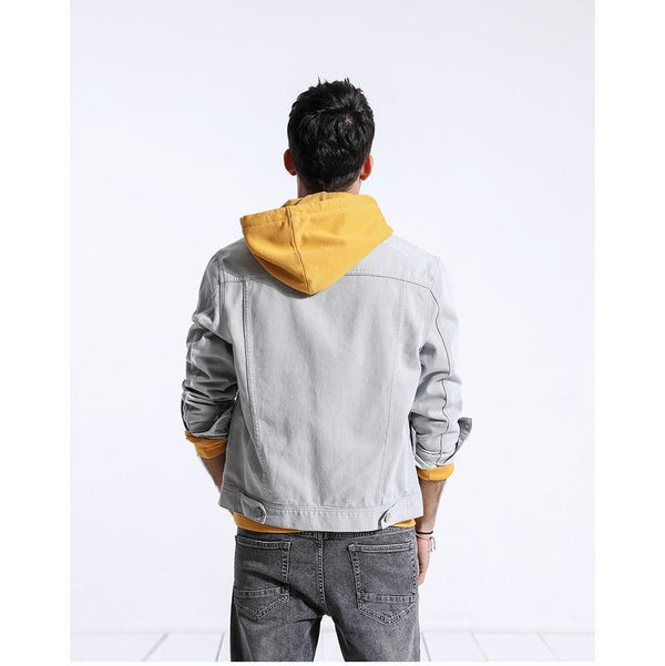 Planet Gates warm yellow / S Denim Jacket Men Fashion 100% Cotton Trucker Jackets Slim Fit Embroidery Chest Pocket 4 Colors