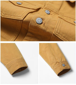 Planet Gates warm yellow / S Denim Jacket Men Fashion 100% Cotton Trucker Jackets Slim Fit Embroidery Chest Pocket 4 Colors