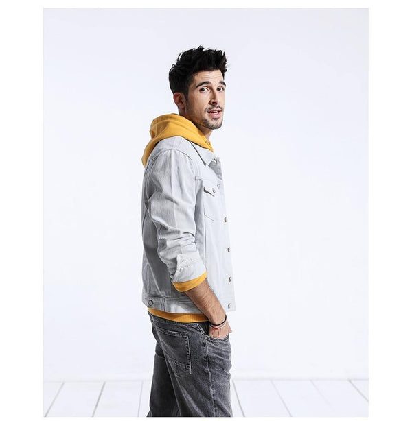 Planet Gates warm yellow / S Denim Jacket Men Fashion 100% Cotton Trucker Jackets Slim Fit Embroidery Chest Pocket 4 Colors