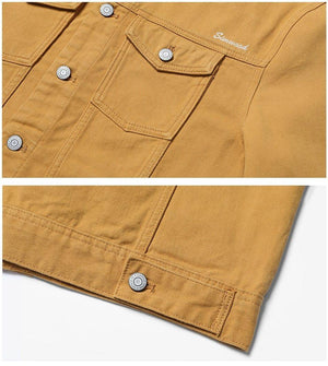 Planet Gates warm yellow / S Denim Jacket Men Fashion 100% Cotton Trucker Jackets Slim Fit Embroidery Chest Pocket 4 Colors