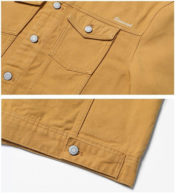 Planet Gates warm yellow / S Denim Jacket Men Fashion 100% Cotton Trucker Jackets Slim Fit Embroidery Chest Pocket 4 Colors