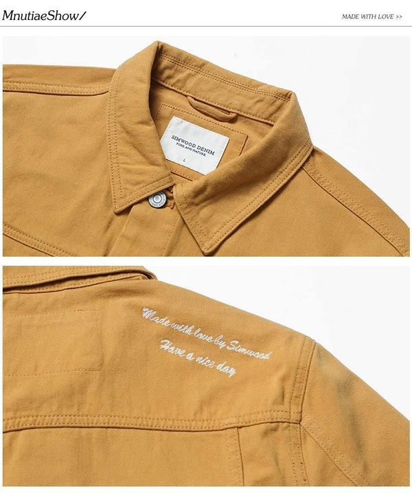 Planet Gates warm yellow / S Denim Jacket Men Fashion 100% Cotton Trucker Jackets Slim Fit Embroidery Chest Pocket 4 Colors