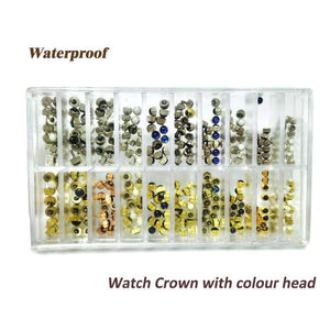 Planet Gates Watch Crown Parts Replacement Assorted Gold & Silver Dome Flat Head Watch Accessories Repair Tool Kit for Watchmaker