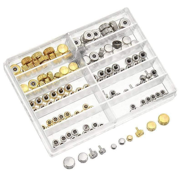 Planet Gates Watch Crown Parts Replacement Assorted Gold & Silver Dome Flat Head Watch Accessories Repair Tool Kit For Watchmaker