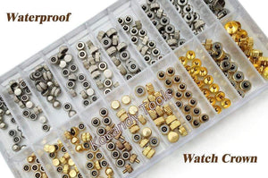 Planet Gates Watch Crown Parts Replacement Assorted Gold & Silver Dome Flat Head Watch Accessories Repair Tool Kit for Watchmaker