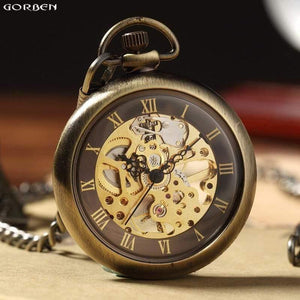Planet Gates Watch Retro Bronze Roman Numbers Mechanical Pocket Watch for Men Women with FOB Chain Skeleton Hand-winding Pocket Watch
