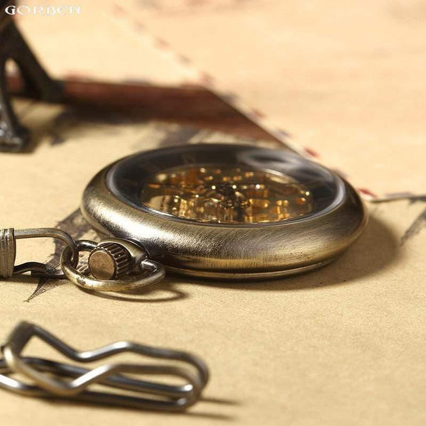 Planet Gates Watch Retro Bronze Roman Numbers Mechanical Pocket Watch for Men Women with FOB Chain Skeleton Hand-winding Pocket Watch