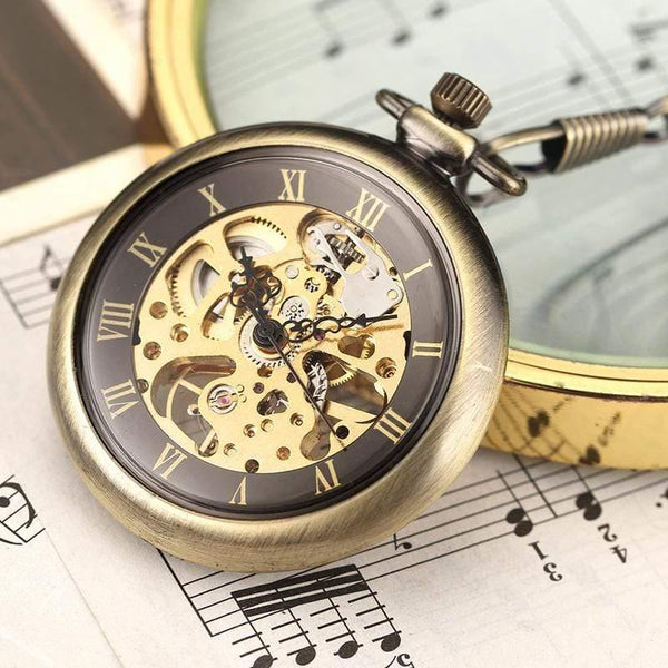 Planet Gates Watch Retro Bronze Roman Numbers Mechanical Pocket Watch for Men Women with FOB Chain Skeleton Hand-winding Pocket Watch