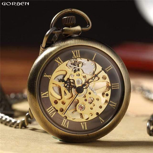 Planet Gates Watch Retro Bronze Roman Numbers Mechanical Pocket Watch for Men Women with FOB Chain Skeleton Hand-winding Pocket Watch