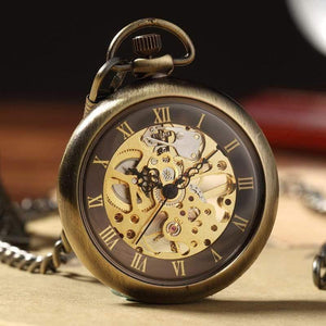 Planet Gates Watch Retro Bronze Roman Numbers Mechanical Pocket Watch for Men Women with FOB Chain Skeleton Hand-winding Pocket Watch