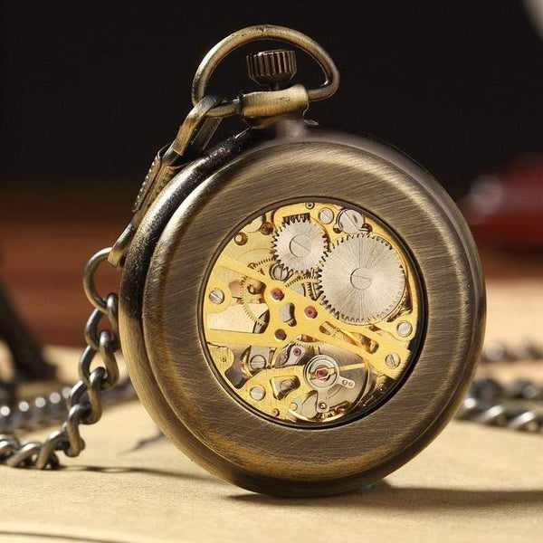 Planet Gates Watch Retro Bronze Roman Numbers Mechanical Pocket Watch for Men Women with FOB Chain Skeleton Hand-winding Pocket Watch