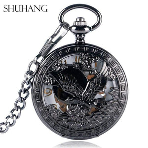 Planet Gates Watches Cool Flying Eagle Hawk Mechanical Pocket Watch Skeleton Black Pendant Clock Man's Woman's with Chain