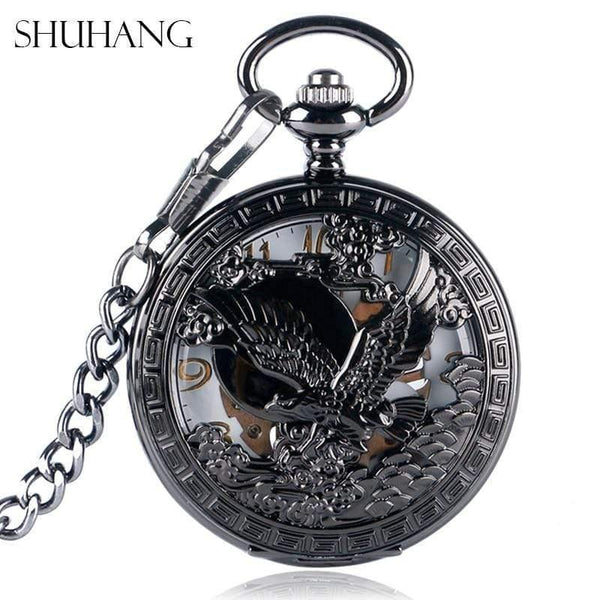 Planet Gates Watches Cool Flying Eagle Hawk Mechanical Pocket Watch Skeleton Black Pendant Clock Man's Woman's with Chain