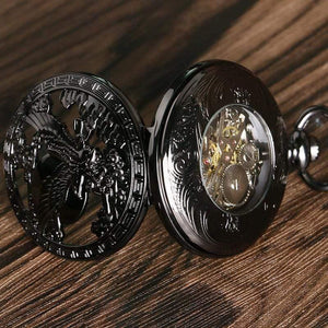 Planet Gates Watches Cool Flying Eagle Hawk Mechanical Pocket Watch Skeleton Black Pendant Clock Man's Woman's with Chain