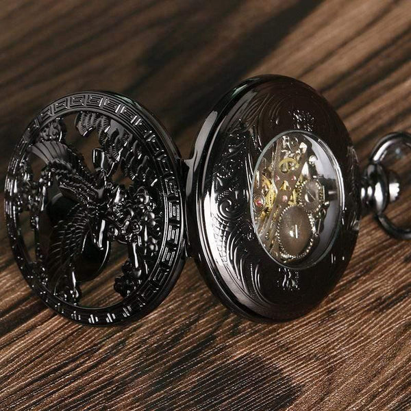 Planet Gates Watches Cool Flying Eagle Hawk Mechanical Pocket Watch Skeleton Black Pendant Clock Man's Woman's with Chain