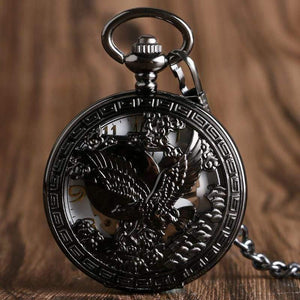 Planet Gates Watches Cool Flying Eagle Hawk Mechanical Pocket Watch Skeleton Black Pendant Clock Man's Woman's with Chain