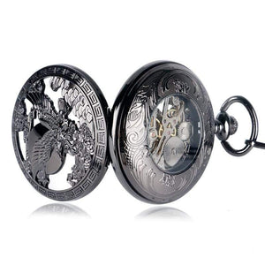 Planet Gates Watches Cool Flying Eagle Hawk Mechanical Pocket Watch Skeleton Black Pendant Clock Man's Woman's with Chain
