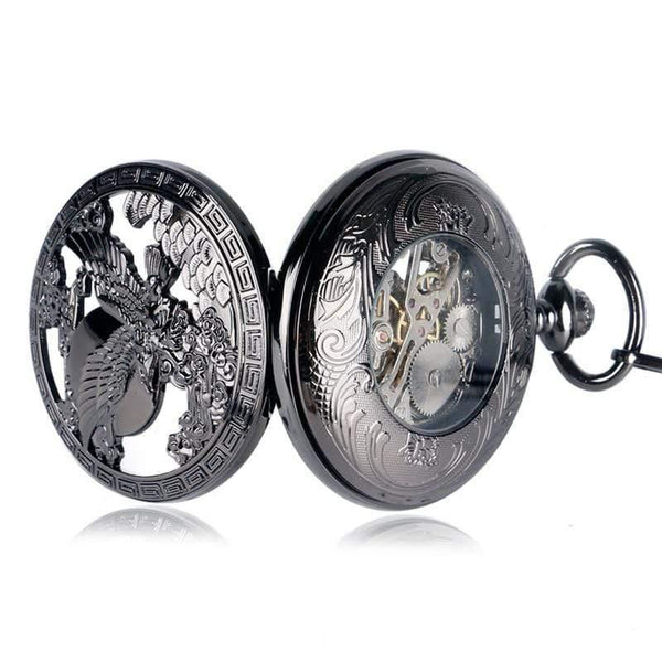 Planet Gates Watches Cool Flying Eagle Hawk Mechanical Pocket Watch Skeleton Black Pendant Clock Man's Woman's with Chain