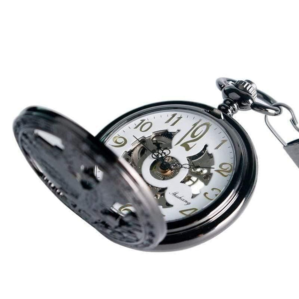 Planet Gates Watches Cool Flying Eagle Hawk Mechanical Pocket Watch Skeleton Black Pendant Clock Man's Woman's with Chain