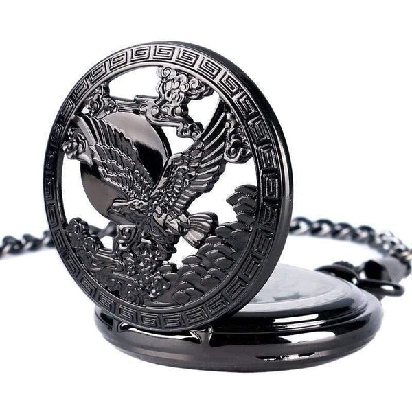Planet Gates Watches Cool Flying Eagle Hawk Mechanical Pocket Watch Skeleton Black Pendant Clock Man's Woman's with Chain