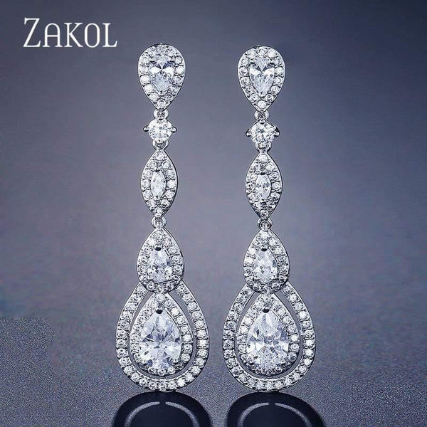 Planet Gates Water Drop Pear Cubic Zircon Long Dangles Drop Earrings for Elegant Women Bridal Wedding Jewelry Dress FSEP2114