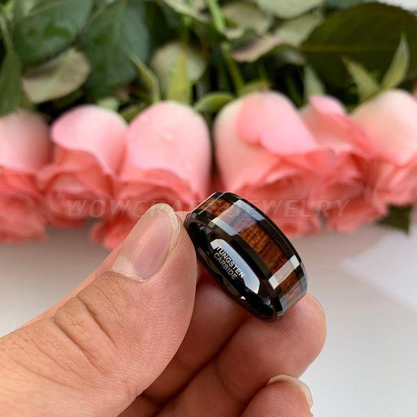 Planet Gates Wedding Band Rings Black Koa Wood Inlay Beveled Polished Shiny Comfort Fit Personal Customize