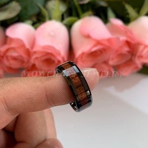 Planet Gates Wedding Band Rings Black Koa Wood Inlay Beveled Polished Shiny Comfort Fit Personal Customize