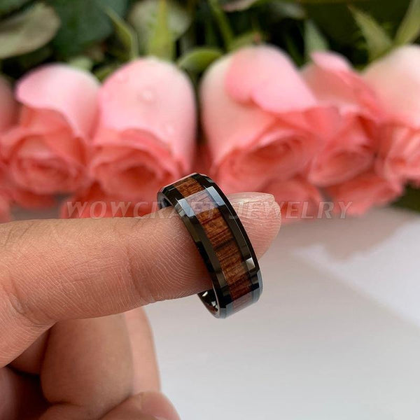 Planet Gates Wedding Band Rings Black Koa Wood Inlay Beveled Polished Shiny Comfort Fit Personal Customize