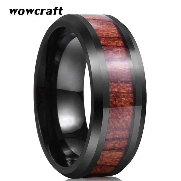 Planet Gates Wedding Band Rings Black Koa Wood Inlay Beveled Polished Shiny Comfort Fit Personal Customize