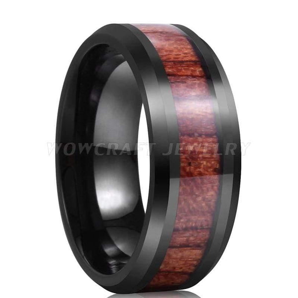 Planet Gates Wedding Band Rings Black Koa Wood Inlay Beveled Polished Shiny Comfort Fit Personal Customize