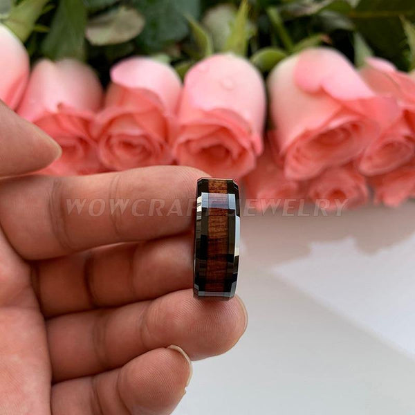 Planet Gates Wedding Band Rings Black Koa Wood Inlay Beveled Polished Shiny Comfort Fit Personal Customize