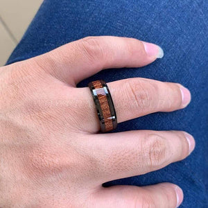 Planet Gates Wedding Band Rings Black Koa Wood Inlay Beveled Polished Shiny Comfort Fit Personal Customize