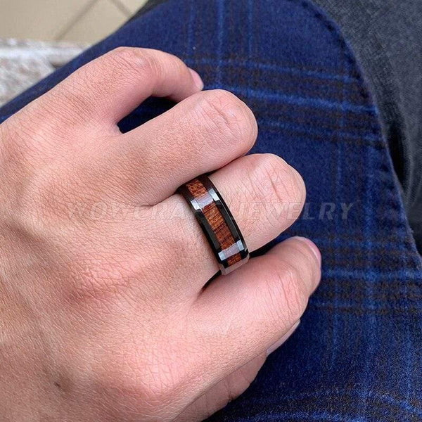 Planet Gates Wedding Band Rings Black Koa Wood Inlay Beveled Polished Shiny Comfort Fit Personal Customize