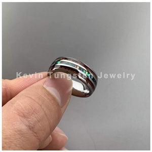 Planet Gates Wedding Bands Tungsten Ring Width 8MM Abalone Shell and Koa Wood Inlay Domed Shape Polished Shiny Comfort Fit