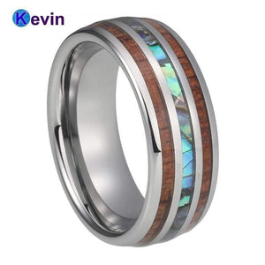 Planet Gates Wedding Bands Tungsten Ring Width 8MM Abalone Shell and Koa Wood Inlay Domed Shape Polished Shiny Comfort Fit