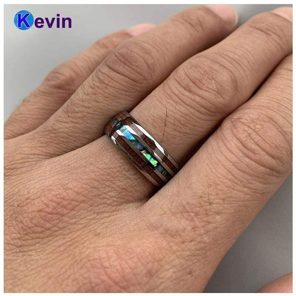 Planet Gates Wedding Bands Tungsten Ring Width 8MM Abalone Shell and Koa Wood Inlay Domed Shape Polished Shiny Comfort Fit