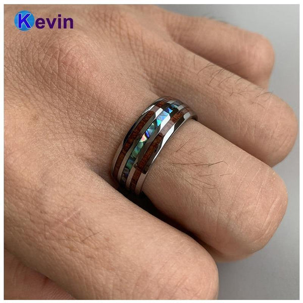 Planet Gates Wedding Bands Tungsten Ring Width 8MM Abalone Shell and Koa Wood Inlay Domed Shape Polished Shiny Comfort Fit