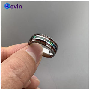 Planet Gates Wedding Bands Tungsten Ring Width 8MM Abalone Shell and Koa Wood Inlay Domed Shape Polished Shiny Comfort Fit