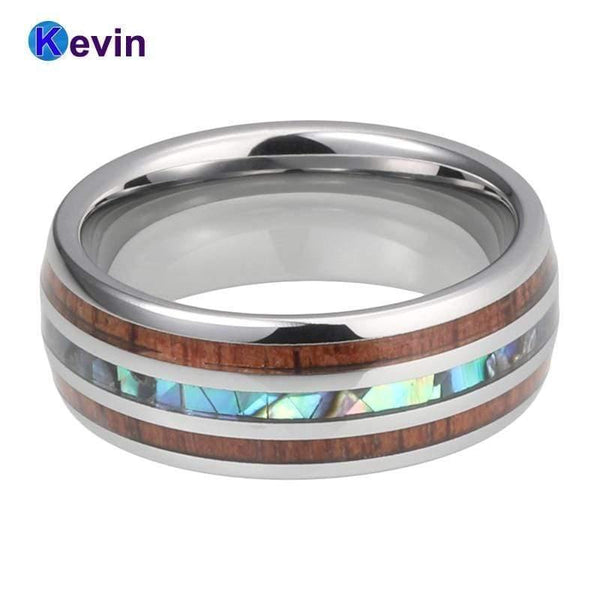 Planet Gates Wedding Bands Tungsten Ring Width 8MM Abalone Shell and Koa Wood Inlay Domed Shape Polished Shiny Comfort Fit
