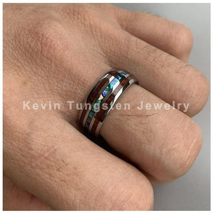 Planet Gates Wedding Bands Tungsten Ring Width 8MM Abalone Shell and Koa Wood Inlay Domed Shape Polished Shiny Comfort Fit