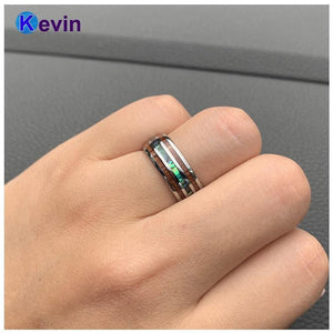 Planet Gates Wedding Bands Tungsten Ring Width 8MM Abalone Shell and Koa Wood Inlay Domed Shape Polished Shiny Comfort Fit